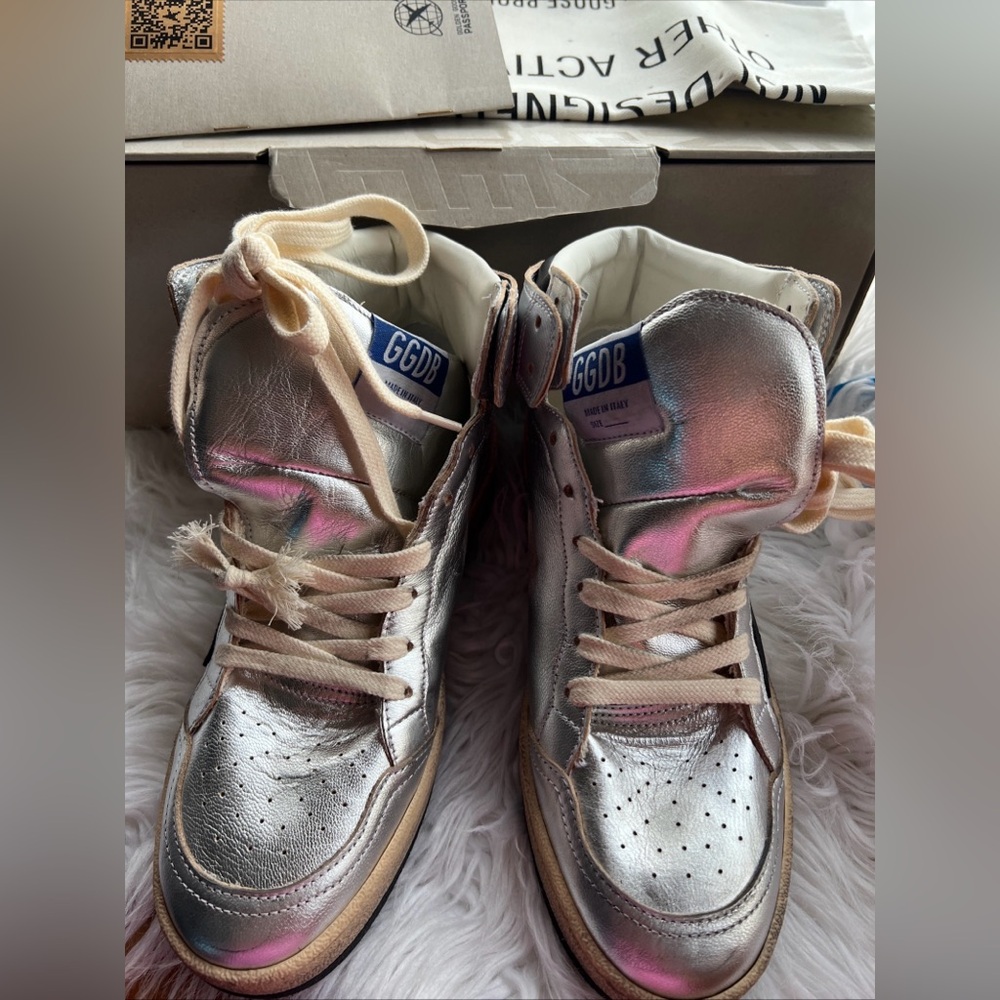 Golden Goose Sky-Star silver metallic leather + black Star High Top Sneakers 37 - Picture 3 of 10